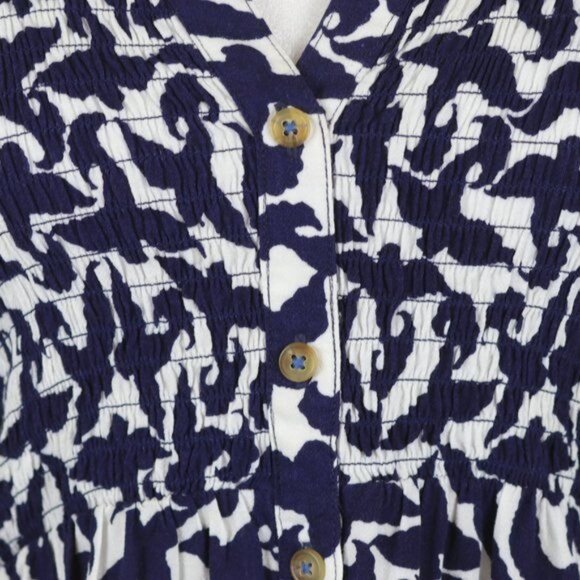 Maeve Alexa Women's XS Blue White Linen Blend V-Neck 3/4 Sleeve Shirred Blouse - Picture 7 of 10